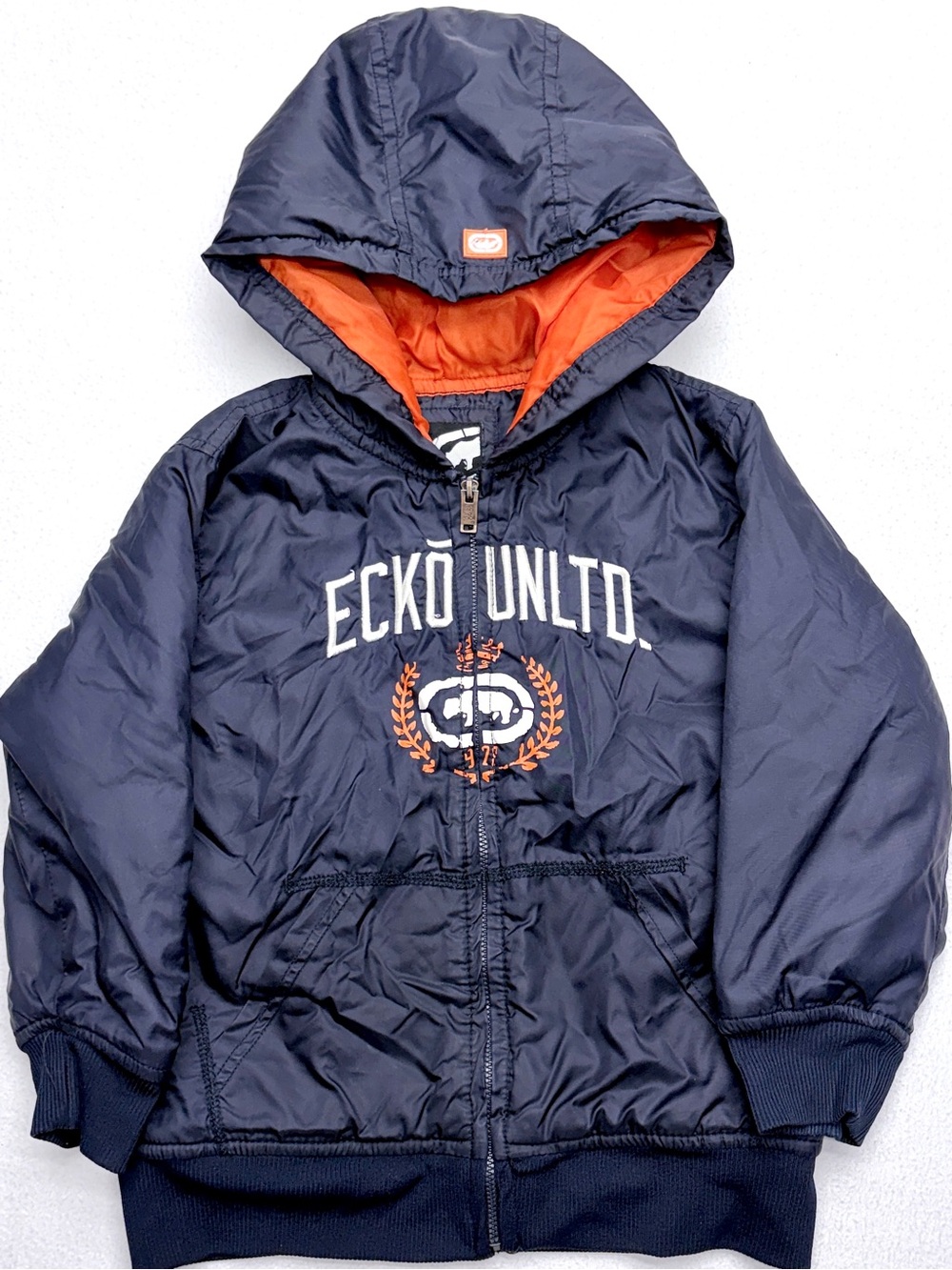 Vintage Y2K Ecko Unltd Puffer Jacket Boys 4T Navy Hooded Full Zip Rhino